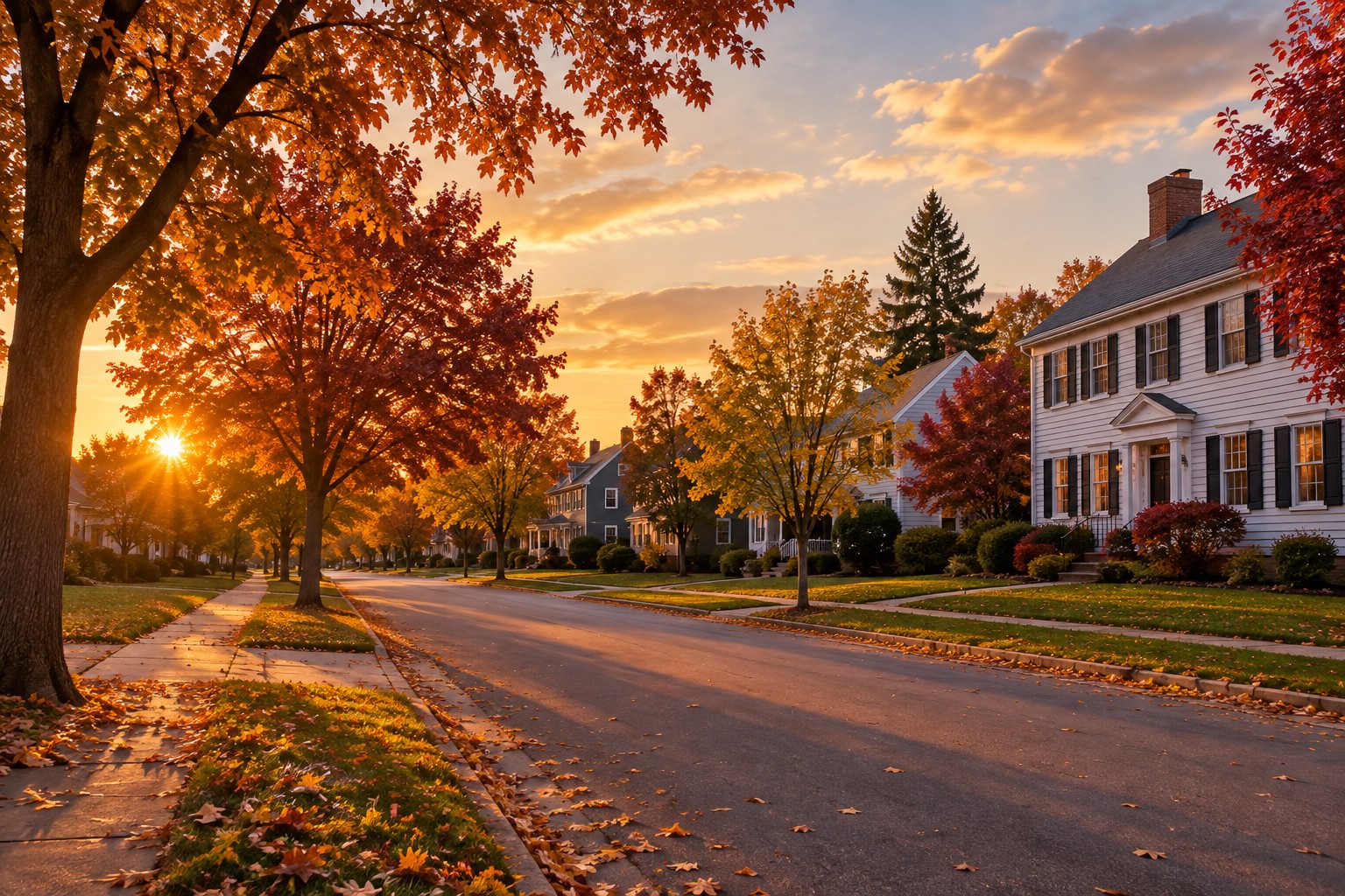 A Lancaster, New York neighborhood street at golden hour, illustrative