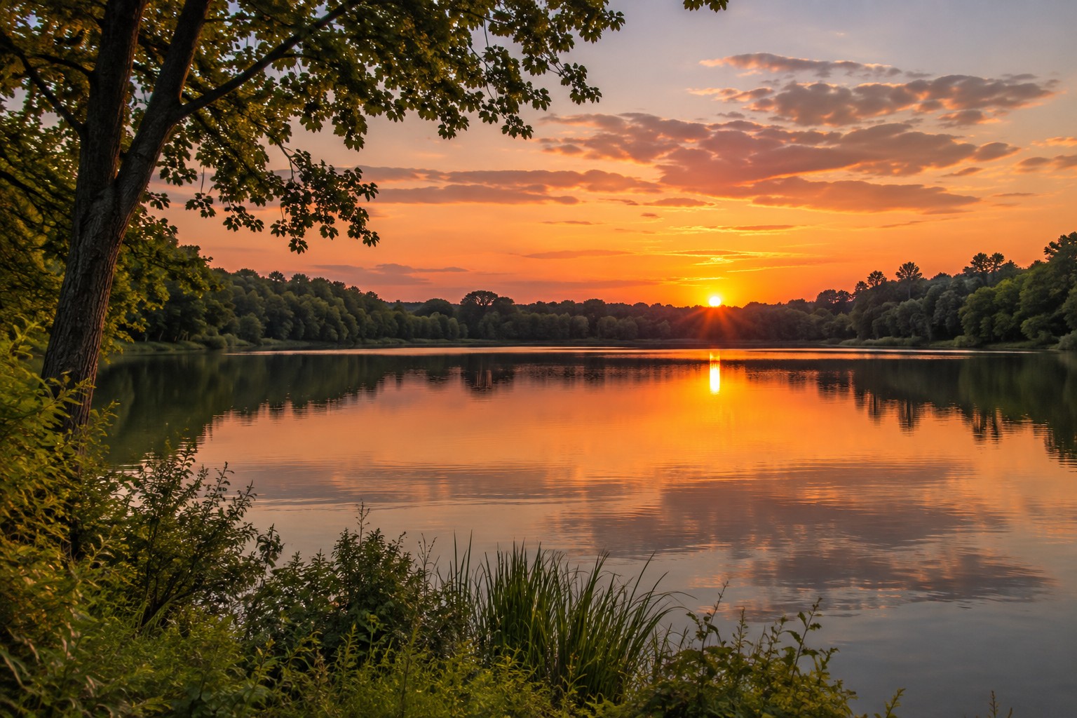 A Lancaster, NY lakefront at sunset, illustrative