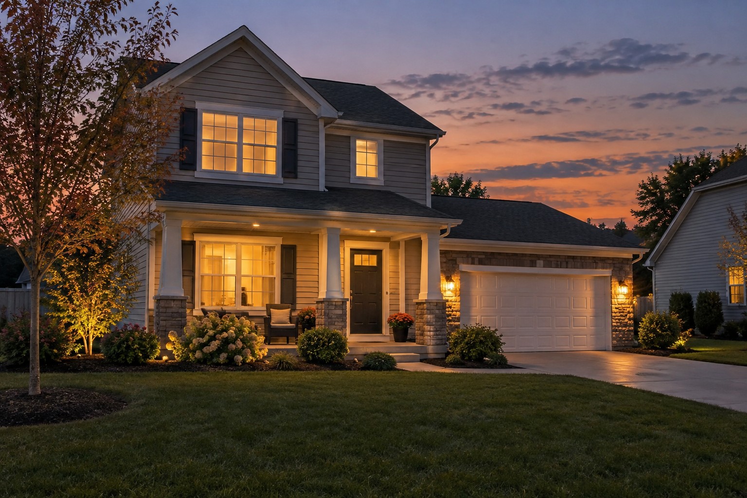 A Western New York home exterior at dusk, illustrative