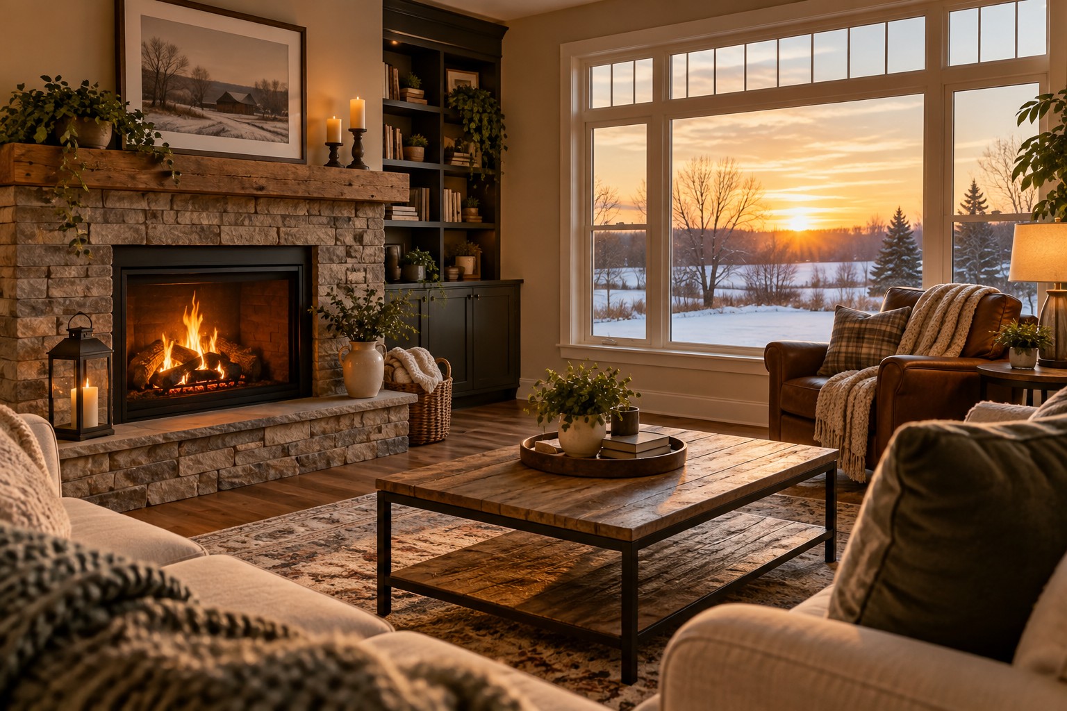 A cozy Western New York living room, illustrative